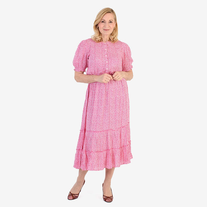 Nabella Ditsy Flower Print Midi Dress with Tiered Skirt (Size 20) - Pink 7961188 1