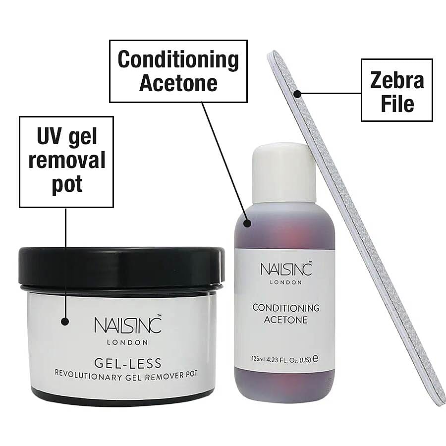 Nails Inc- Gel-Less Remover Kit (Incl. Remover Pot, Conditioning Acetone - Zebra File) 3578406 2