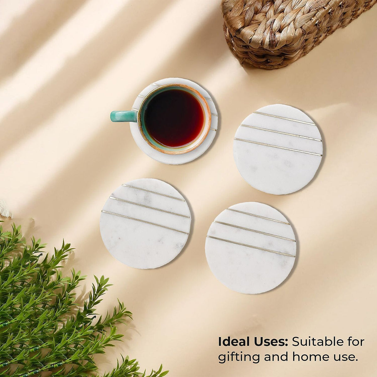 Nakkashi Set of 4 Round Shape Marble Coasters with Brass Stripes 7798809 2