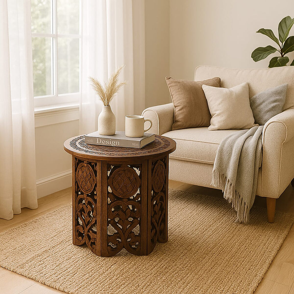 NAKKASHI Hand Carved Mango Wood Table (Size 68x68x51Cm) Natural Finish