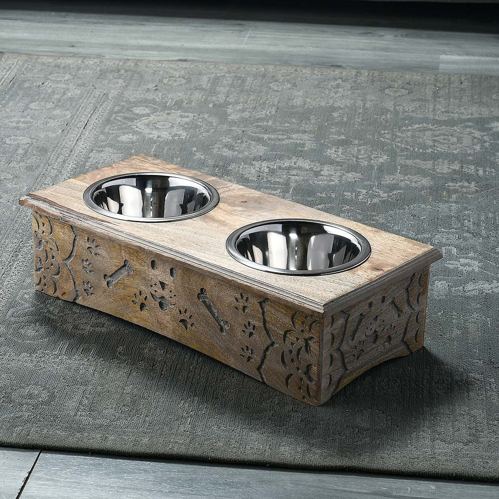 Nakkashi Handcarved Bone Print Pet Feeder - Brown