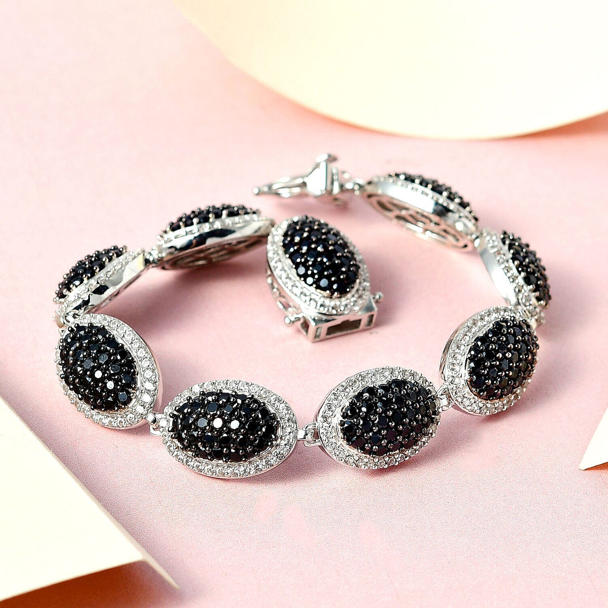 Natural Boi Ploi Black Spinel and Natural Cambodian Zircon Bracelet (Size - 7.5) in Platinum Overlay Sterling Silver 17.370 Ct 7268153 1