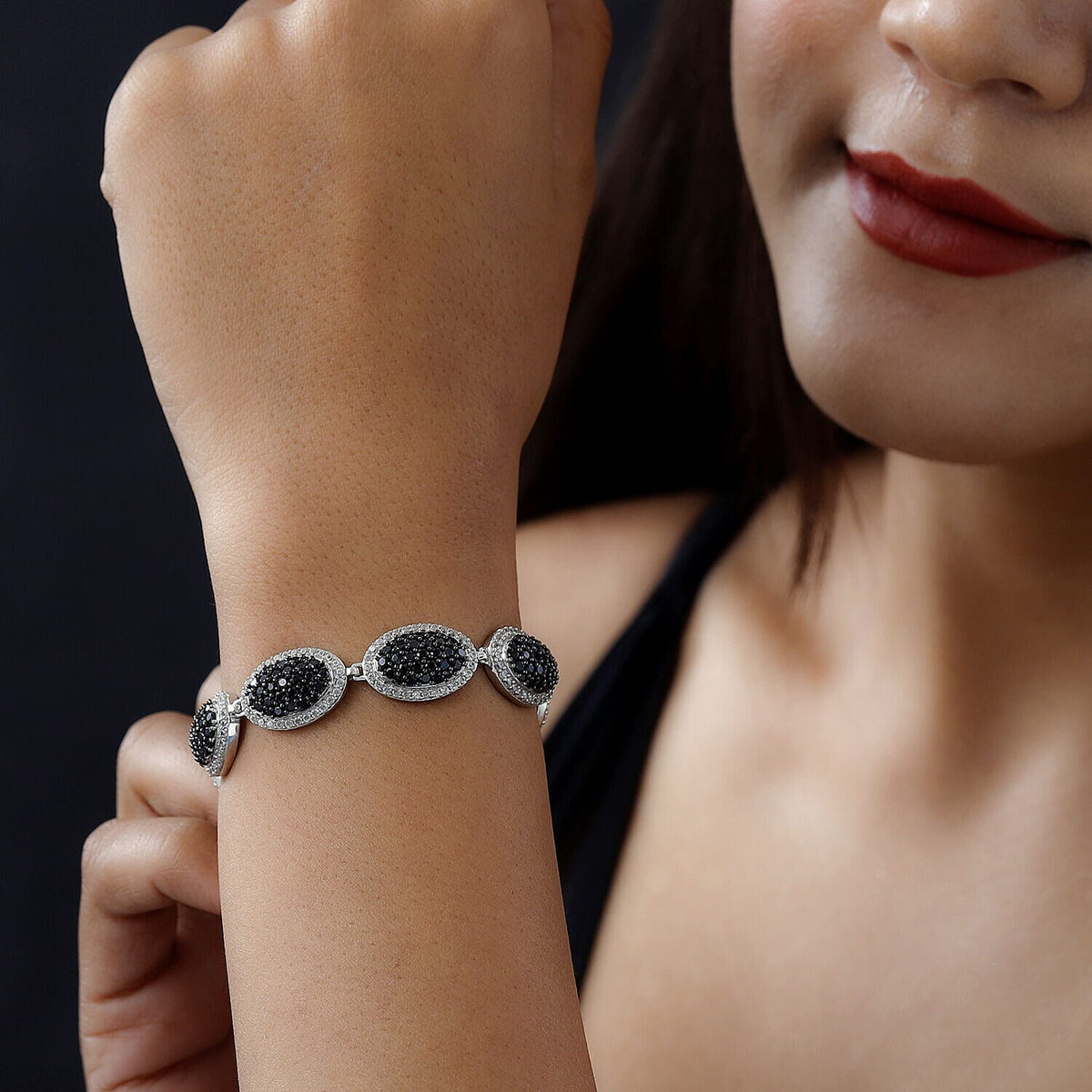 Natural Boi Ploi Black Spinel and Natural Cambodian Zircon Bracelet (Size - 7.5) in Platinum Overlay Sterling Silver 17.370 Ct 7268153 2