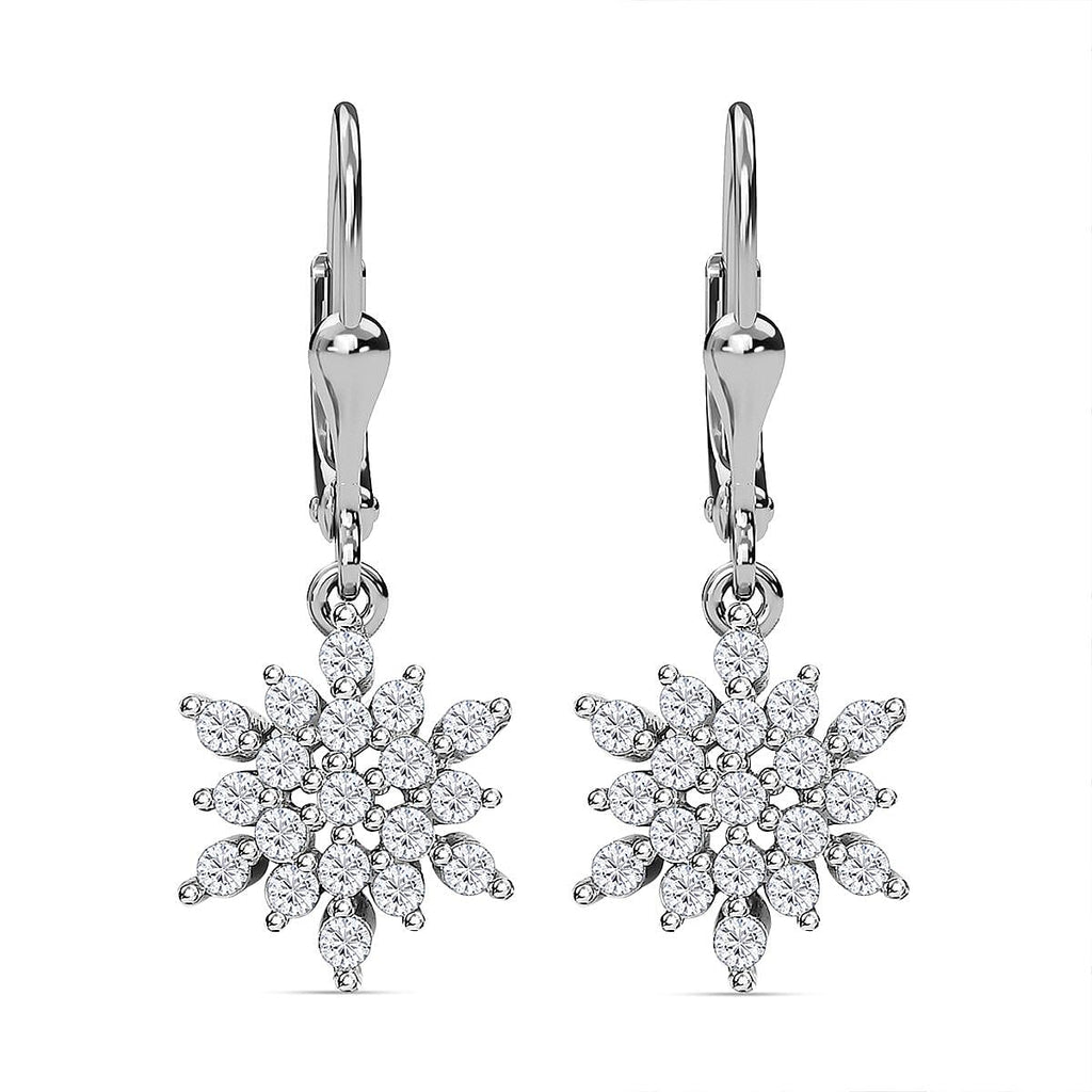 Natural Zircon Snowflake Earrings with Lever Back in Platinum Overlay Sterling Silver 1.33 Ct.