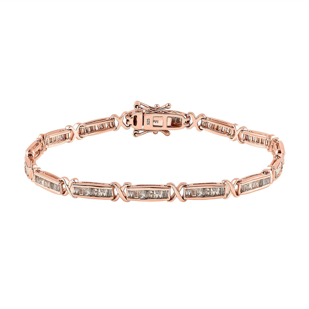 Natural Champagne Diamond Baguette Link Tennis Bracelet (Size - 7.5) in 18K Vermeil Rose Gold Plated Sterling Silver 2.50 Ct, Silver Wt. 11.50 Gms