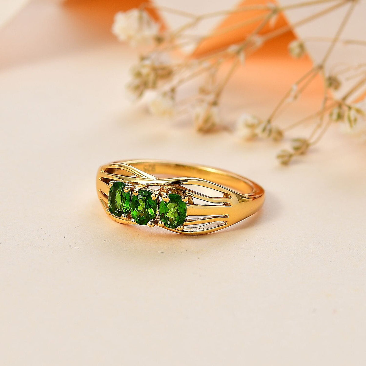 Natural Chrome Diopside Trilogy Ring in 14K Gold Overlay Sterling Silver V32635848 1