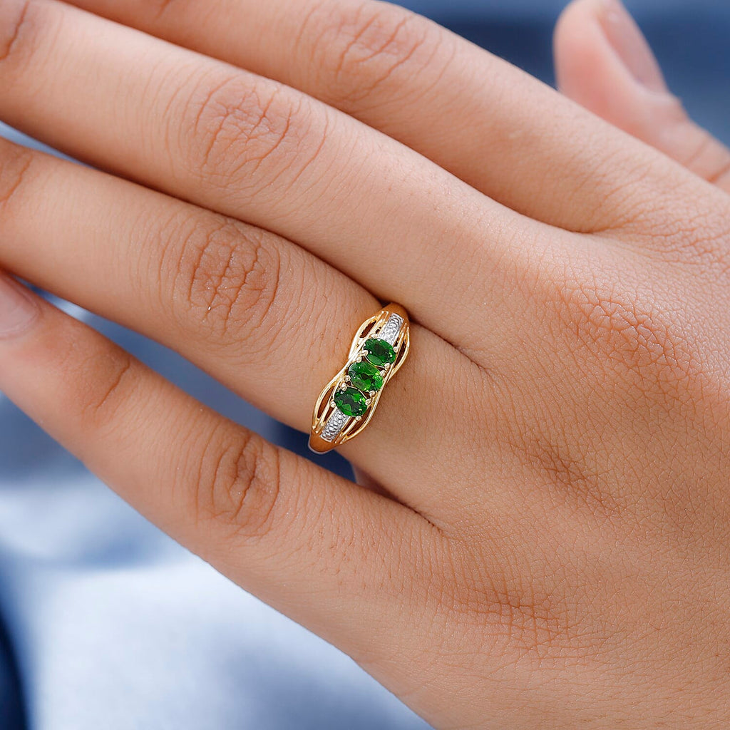 D'Joy Natural Chrome Diopside Trilogy Ring in 18K Vermeil Yellow Gold Plated Sterling Silver