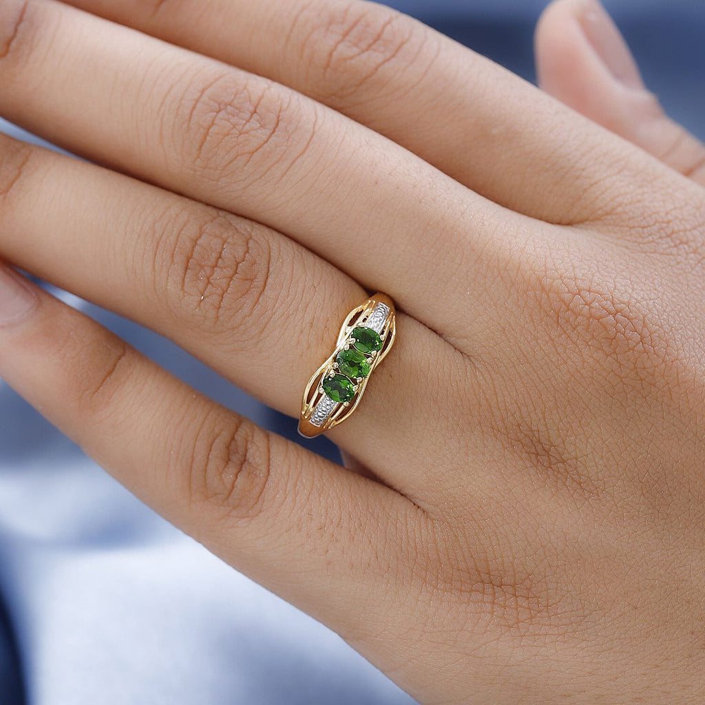 D'Joy Natural Chrome Diopside Trilogy Ring in 18K Vermeil Yellow Gold Plated Sterling Silver