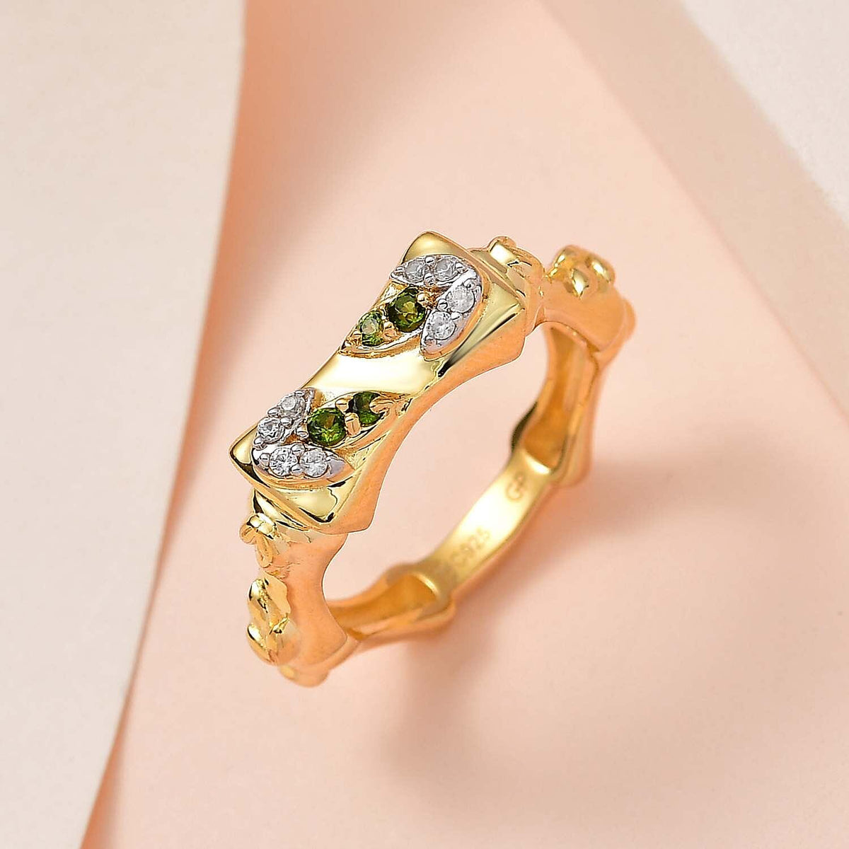GP- Bamboo Collection - Natural Chrome Diopside and Natural Zircon Ring in 18K Vermeil Yellow Gold Plated Sterling Silver 7582618 2