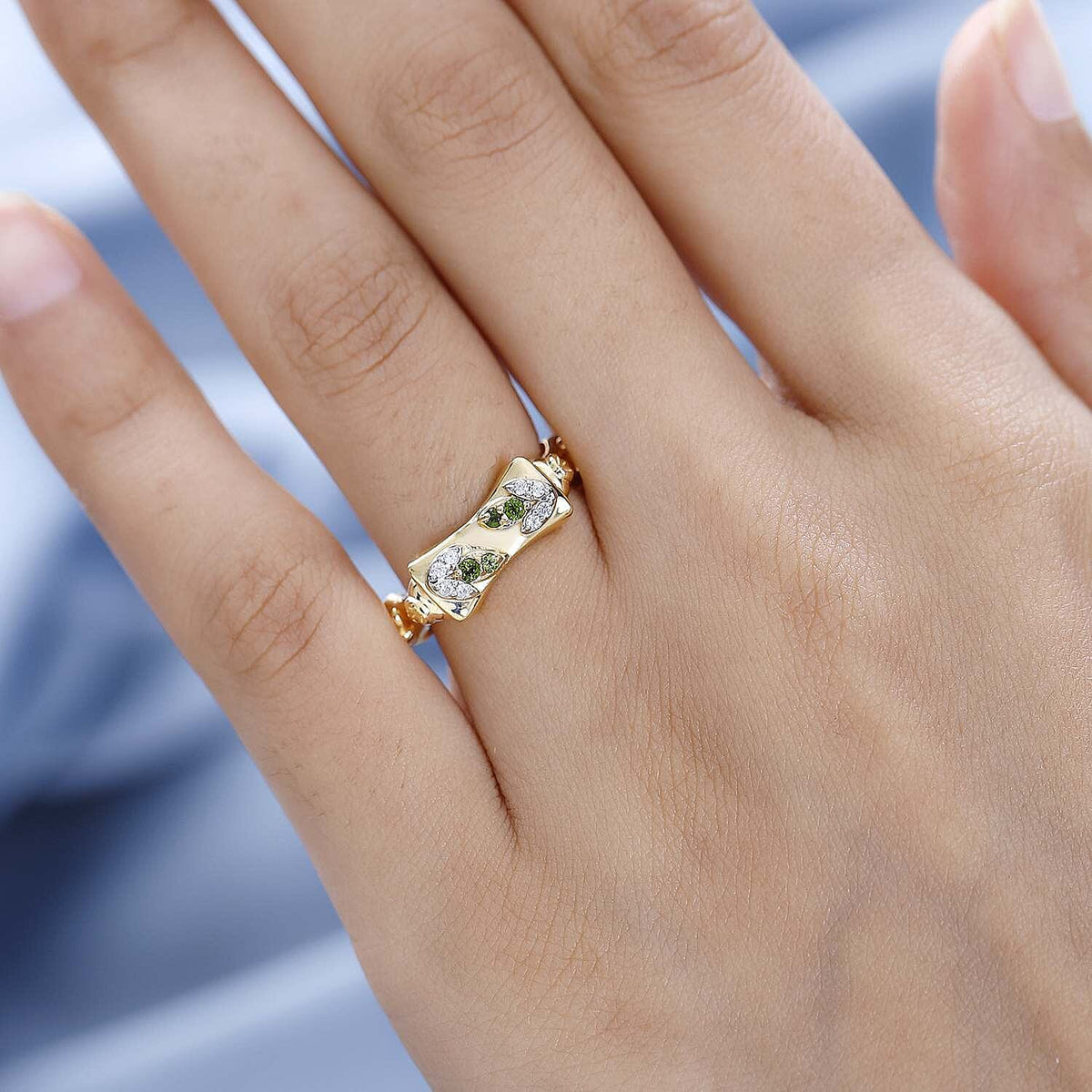 GP- Bamboo Collection - Natural Chrome Diopside and Natural Zircon Ring in 18K Vermeil Yellow Gold Plated Sterling Silver 7582618 3