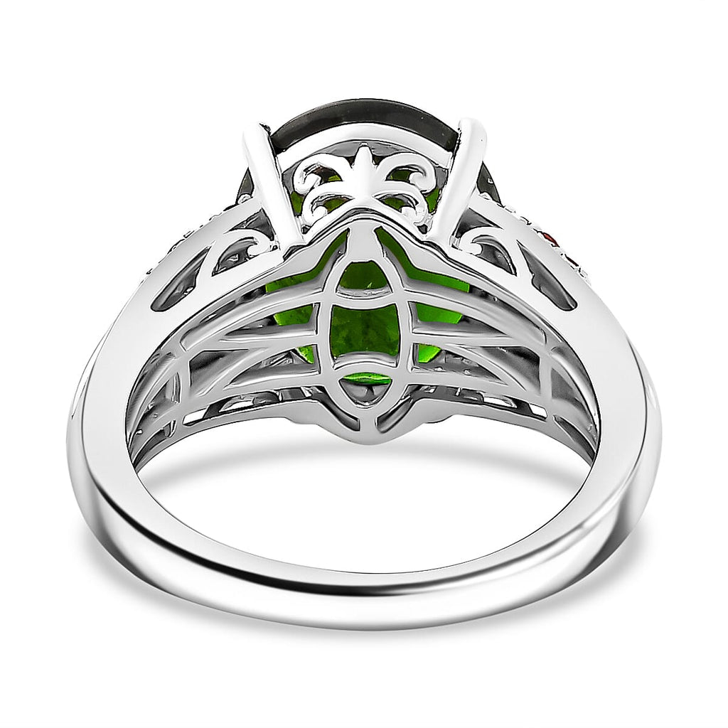 Extremely Rare Size Natural Chrome Diopside (OV12X10, 4.50 Cts) and Salamanca Fire Opal Ring in Sterling Silver 5.42 Ct