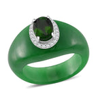 Natural Chrome Diopside, Green Jade & White Zircon Ring in Rhodium Overlay Sterling Silver 24.95 Ct.