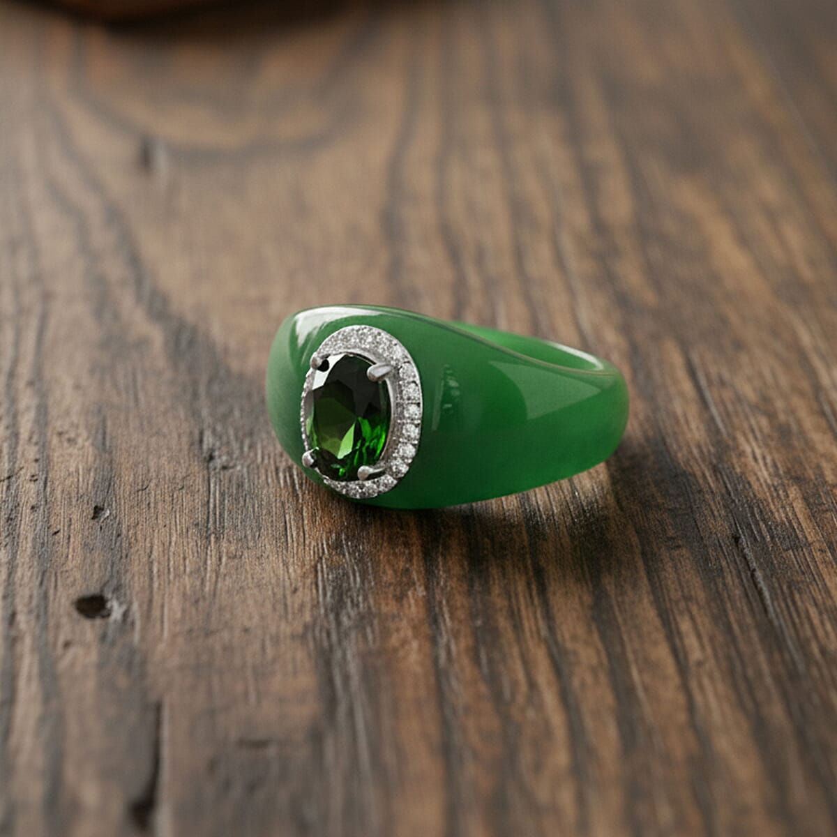 Natural Chrome Diopside, Green Jade &amp; White Zircon Ring in Rhodium Overlay Sterling Silver 24.95 Ct. 8062366 1
