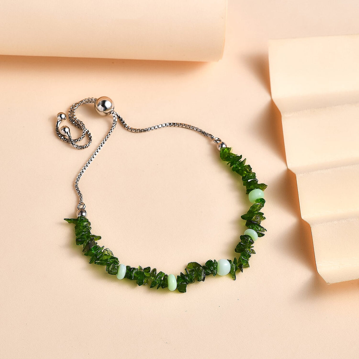 Natural Chrome Diopside, Green Opal Adjustable Bracelet (Size - 6.5 - 9.) in Rhodium Overlay Sterling Silver 15.0 Ct 7956912 1