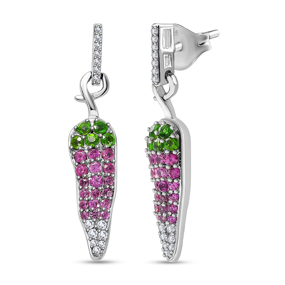 GP Chilli Pepper Collection - Natural Chrome Diopside &amp; Multi Gemstone Dangle Earrings in Rhodium Overlay Sterling Silver 1.68 Ct 7786809 0