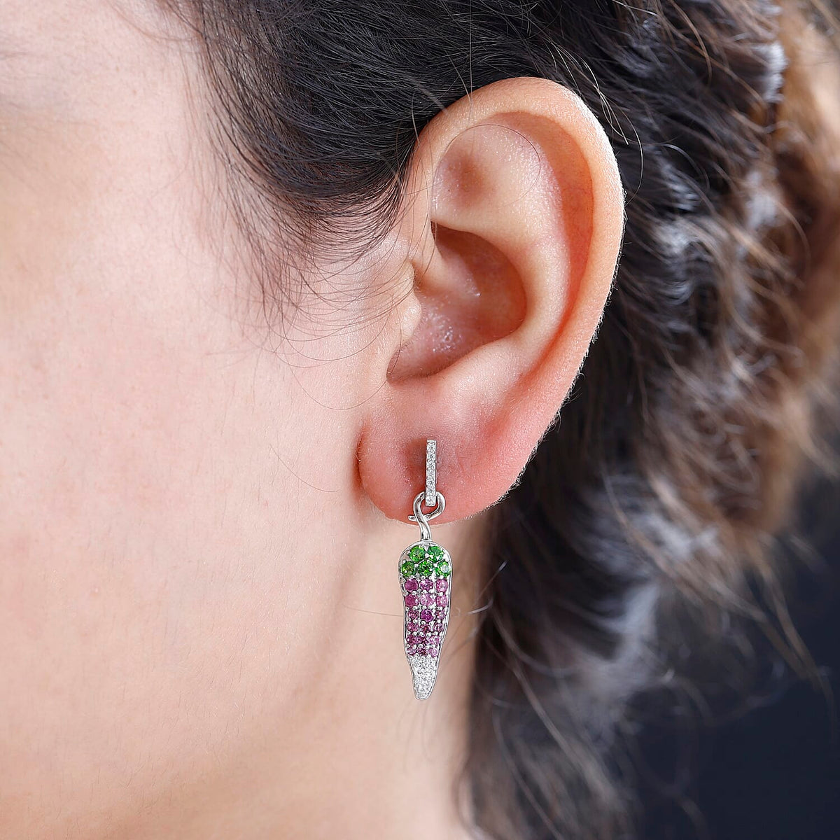 GP Chilli Pepper Collection - Natural Chrome Diopside &amp; Multi Gemstone Dangle Earrings in Rhodium Overlay Sterling Silver 1.68 Ct 7786809 3