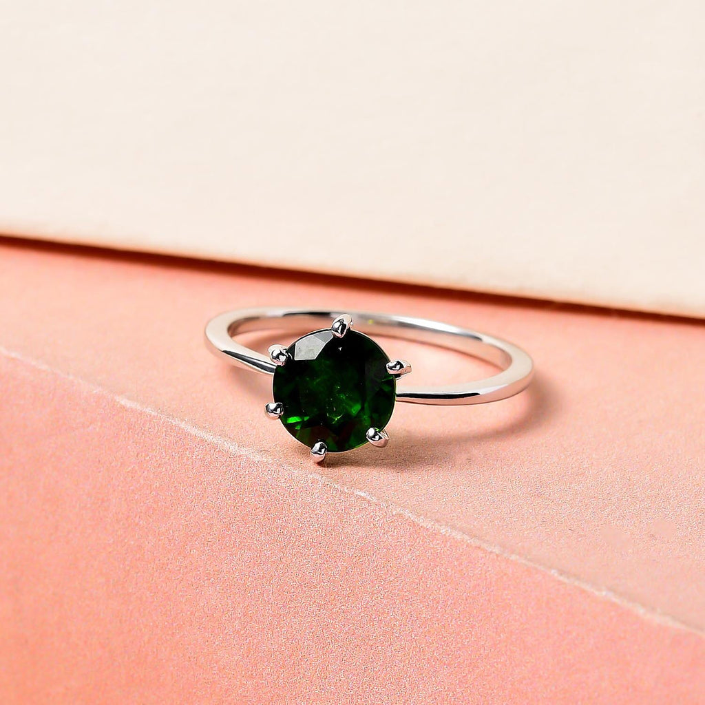 Natural Chrome Diopside Solitaire Ring in Platinum Overlay Sterling Silver 1.42 Ct.