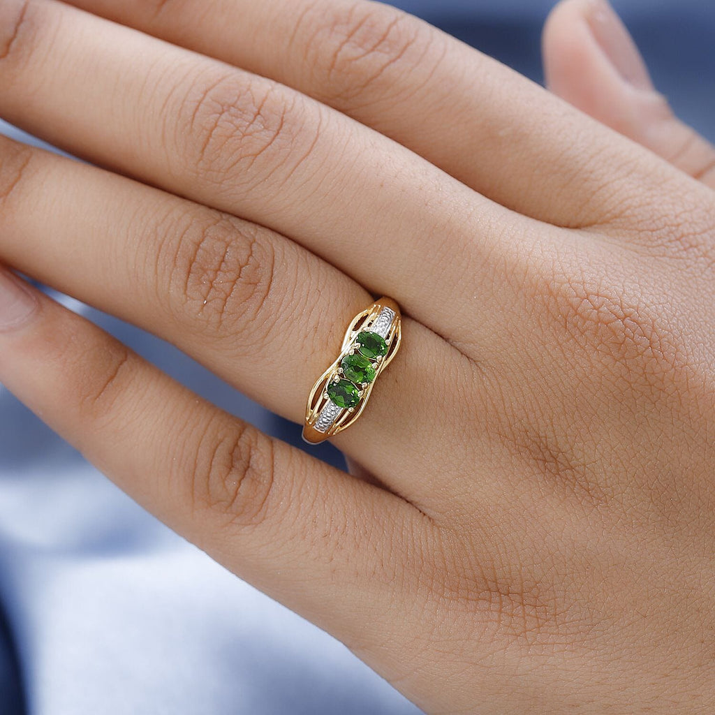 D'Joy Natural Chrome Diopside Trilogy Ring in 18K Vermeil Yellow Gold Plated Sterling Silver