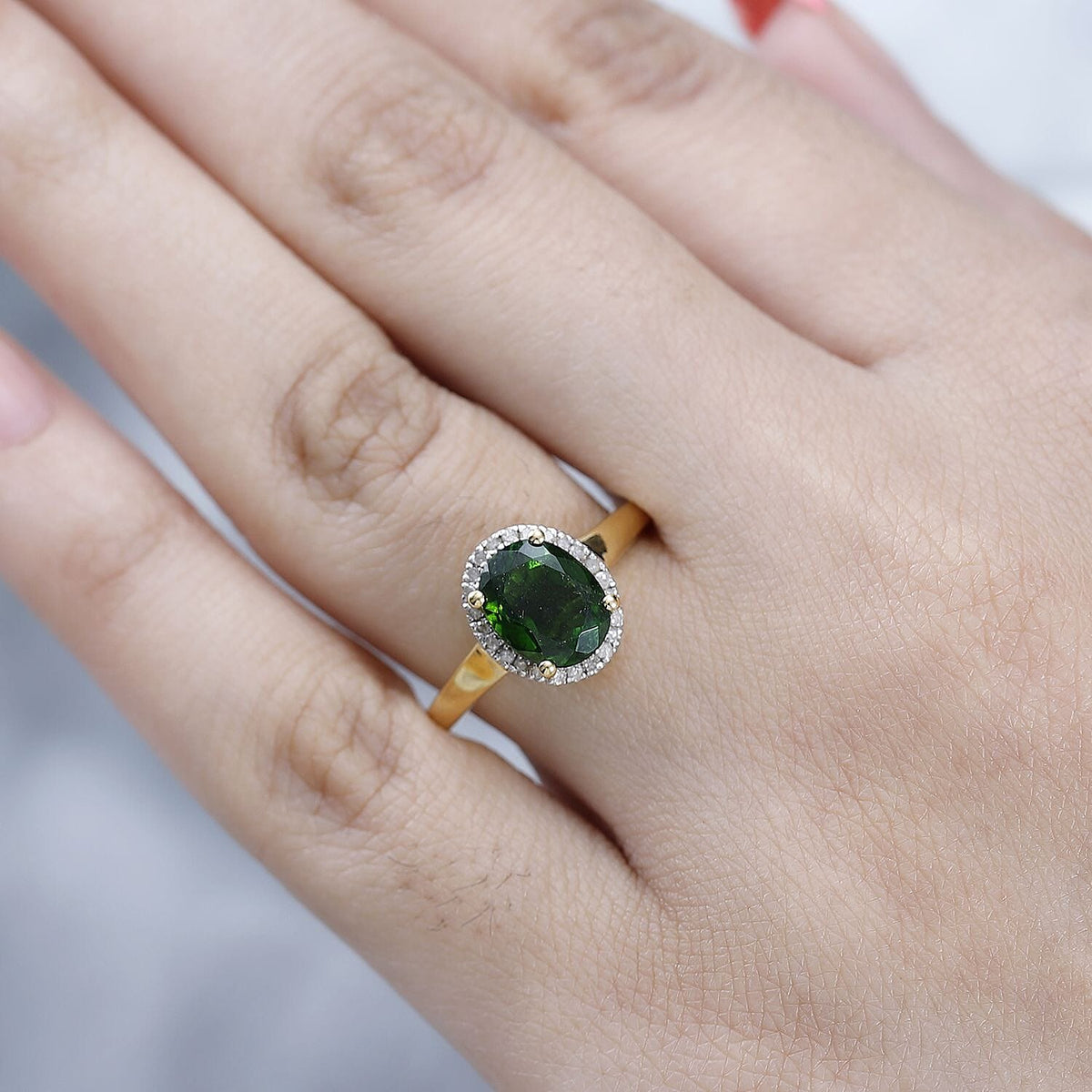 Natural Chrome Diopside , White Diamond Ring in 18K Vermeil YG Plated Sterling Silver 7649668 2