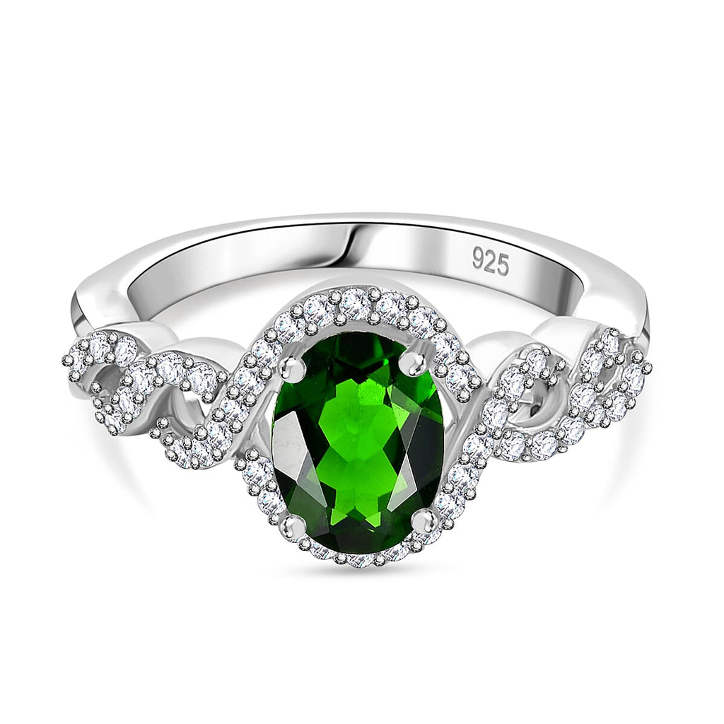Natural Chrome Diopside ,  White Zircon  Main Stone With Side Stone Ring in rhodium Sterling Silver 2.03 ct  1.662  Ct.