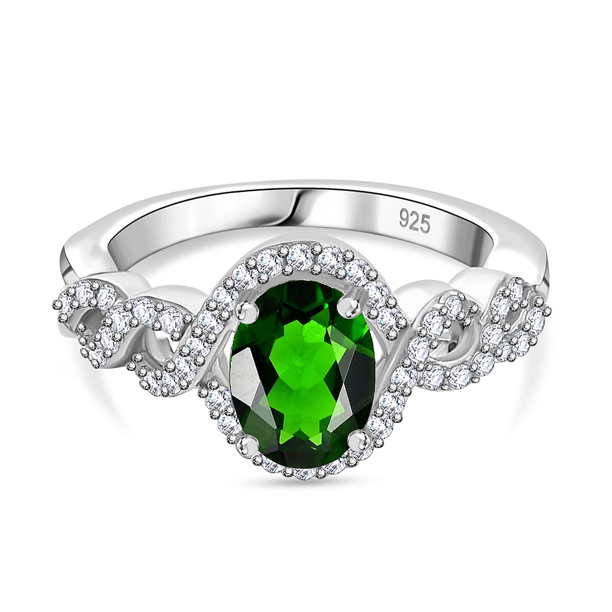 Natural Chrome Diopside, White Zircon Ring in Rhodium Overlay Sterling Silver 7829362 0