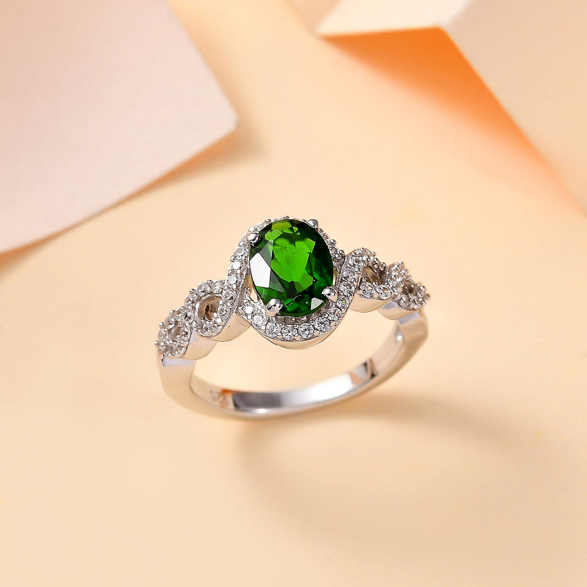 Natural Chrome Diopside, White Zircon Ring in Rhodium Overlay Sterling Silver 7829362 1