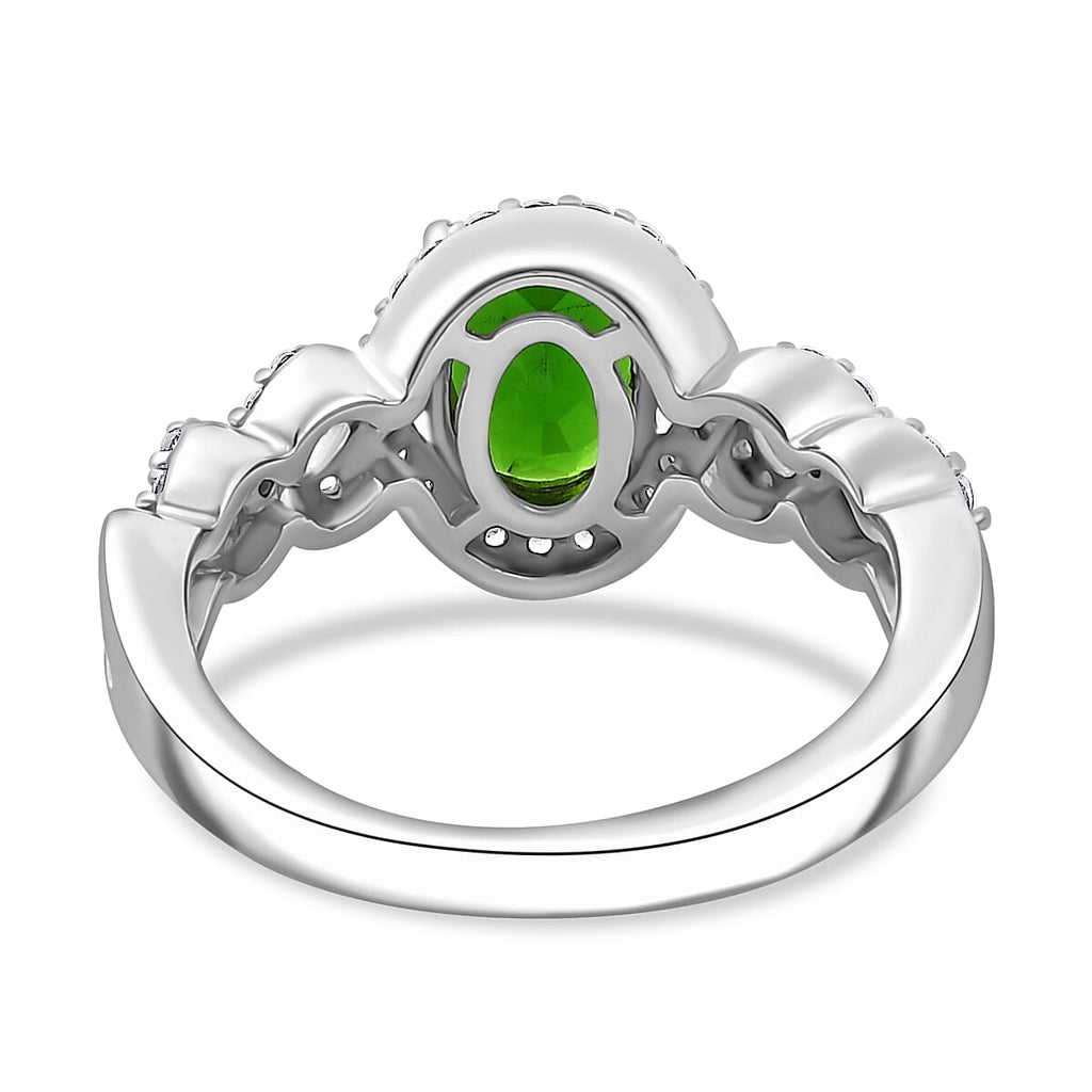 Natural Chrome Diopside ,  White Zircon  Main Stone With Side Stone Ring in rhodium Sterling Silver 2.03 ct  1.662  Ct.