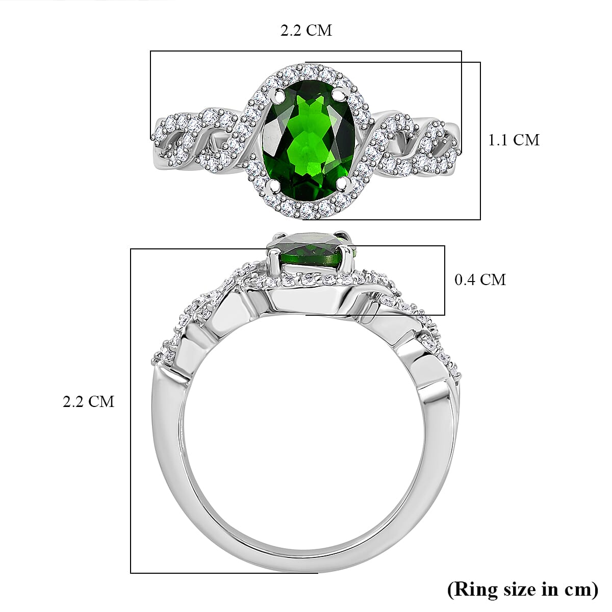 Natural Chrome Diopside, White Zircon Ring in Rhodium Overlay Sterling Silver 7829362 5