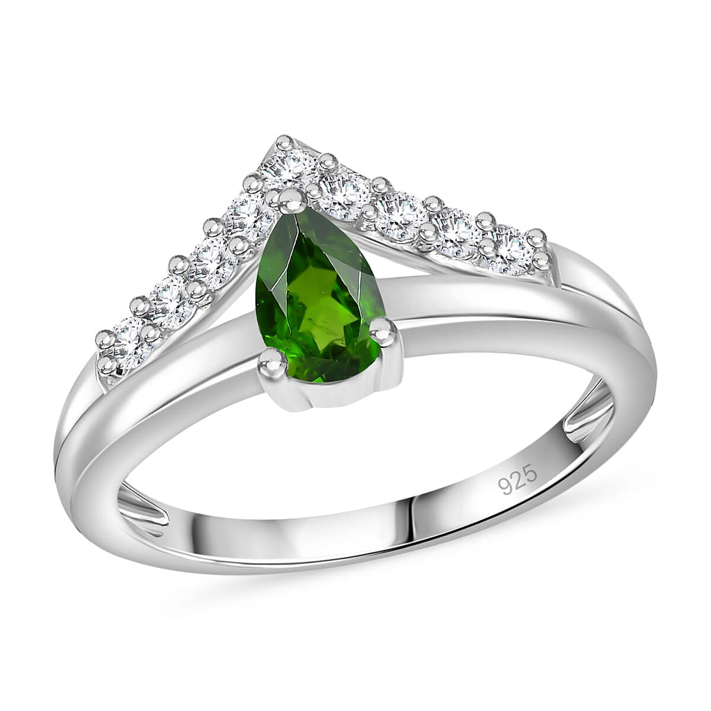 Natural Chrome Diopside, Natural White Zircon Crown Ring in Rhodium Overlay Sterling Silver