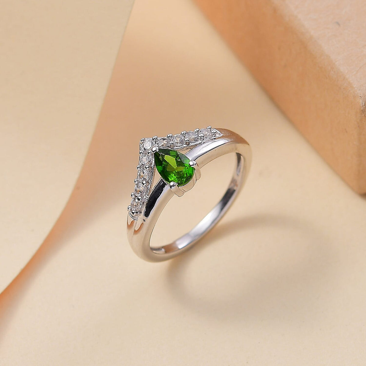 Natural Chrome Diopside, Natural White Zircon Crown Ring in Rhodium Overlay Sterling Silver 7966721 1