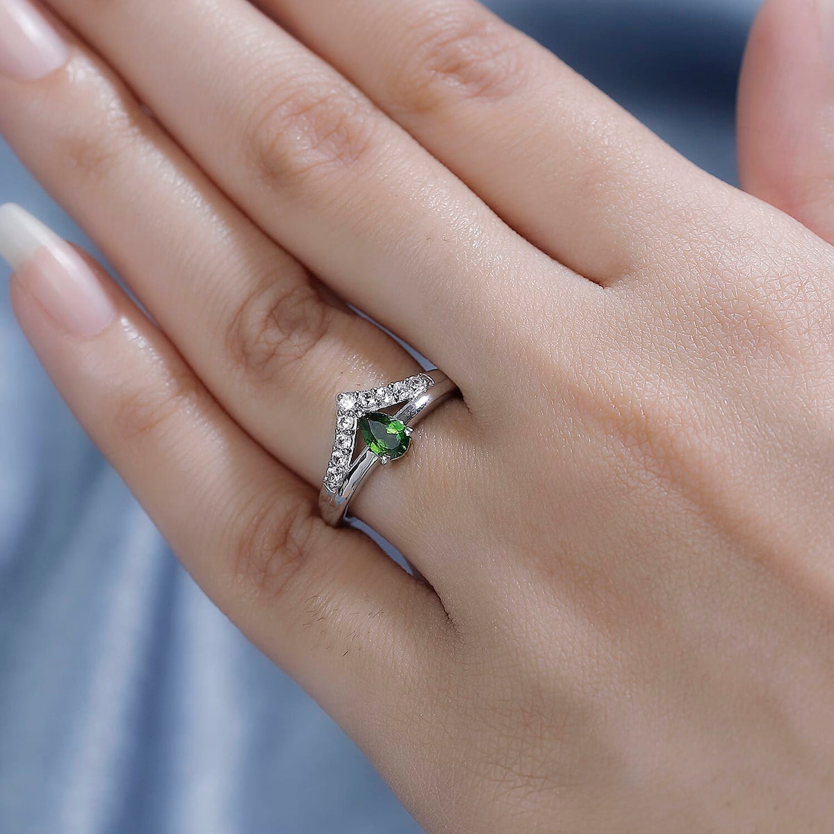 Natural Chrome Diopside, Natural White Zircon Crown Ring in Rhodium Overlay Sterling Silver 7966721 2