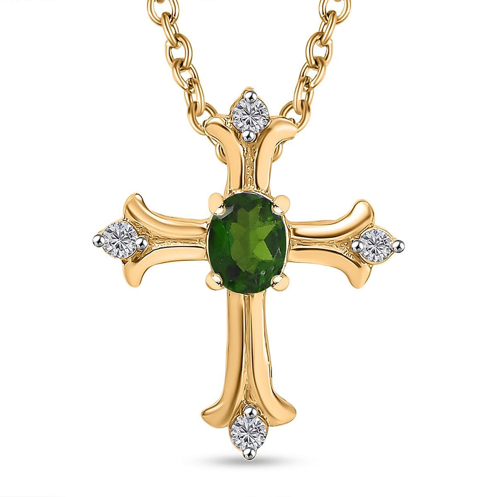Natural Chrome Diopside & White Zircon Pendant with Chain (Size 20) in 14K YG Overlay Sterling Silver