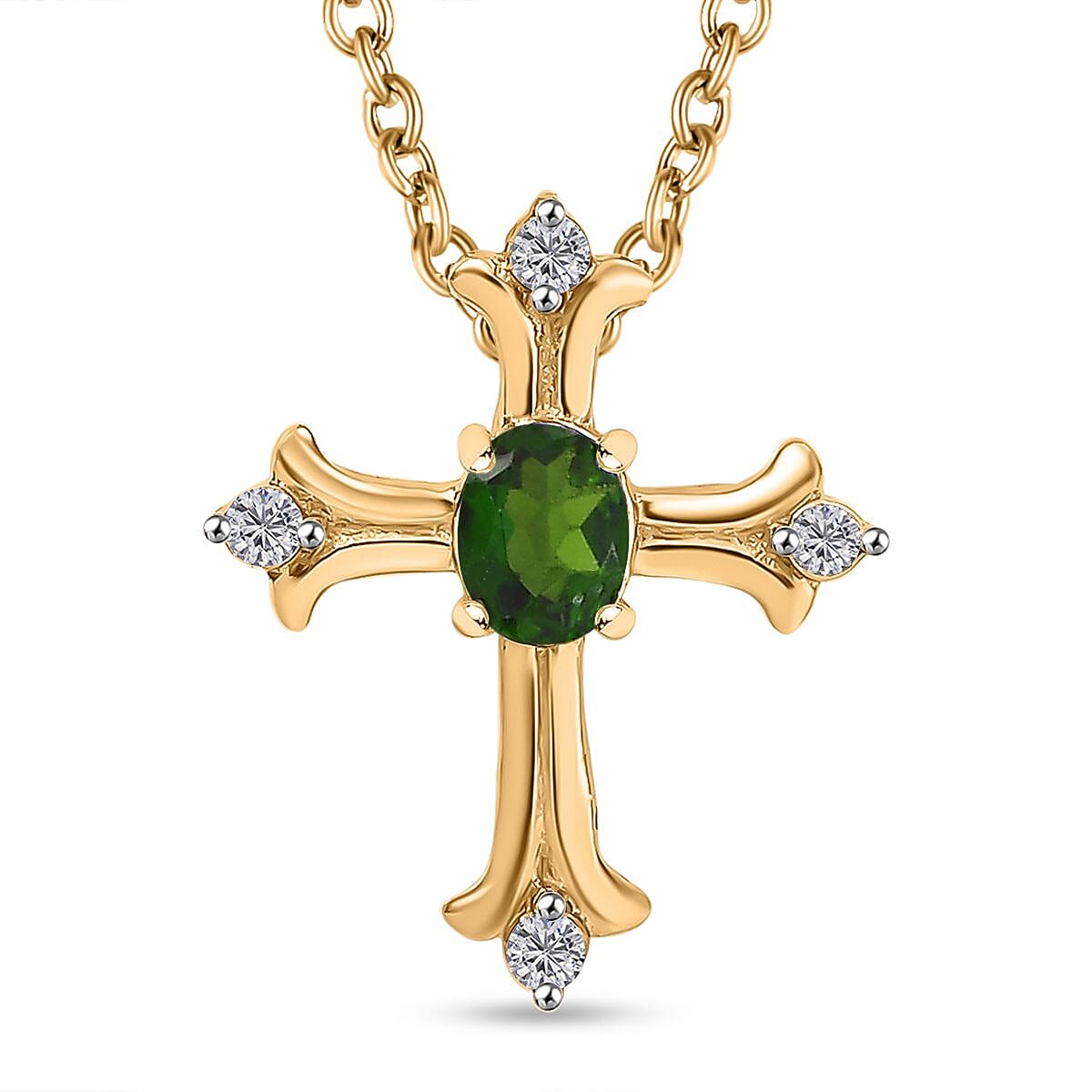 Natural Chrome Diopside &amp; White Zircon Pendant with Chain (Size 20) in 14K YG Overlay Sterling Silver 4326700 0