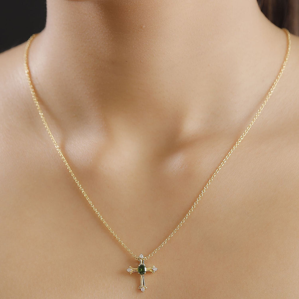 Natural Chrome Diopside & White Zircon Pendant with Chain (Size 20) in 14K YG Overlay Sterling Silver