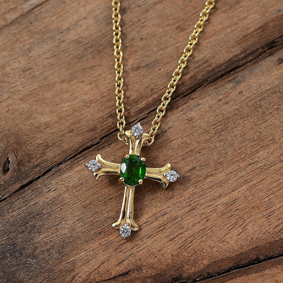 Natural Chrome Diopside &amp; White Zircon Pendant with Chain (Size 20) in 14K YG Overlay Sterling Silver 4326700 3