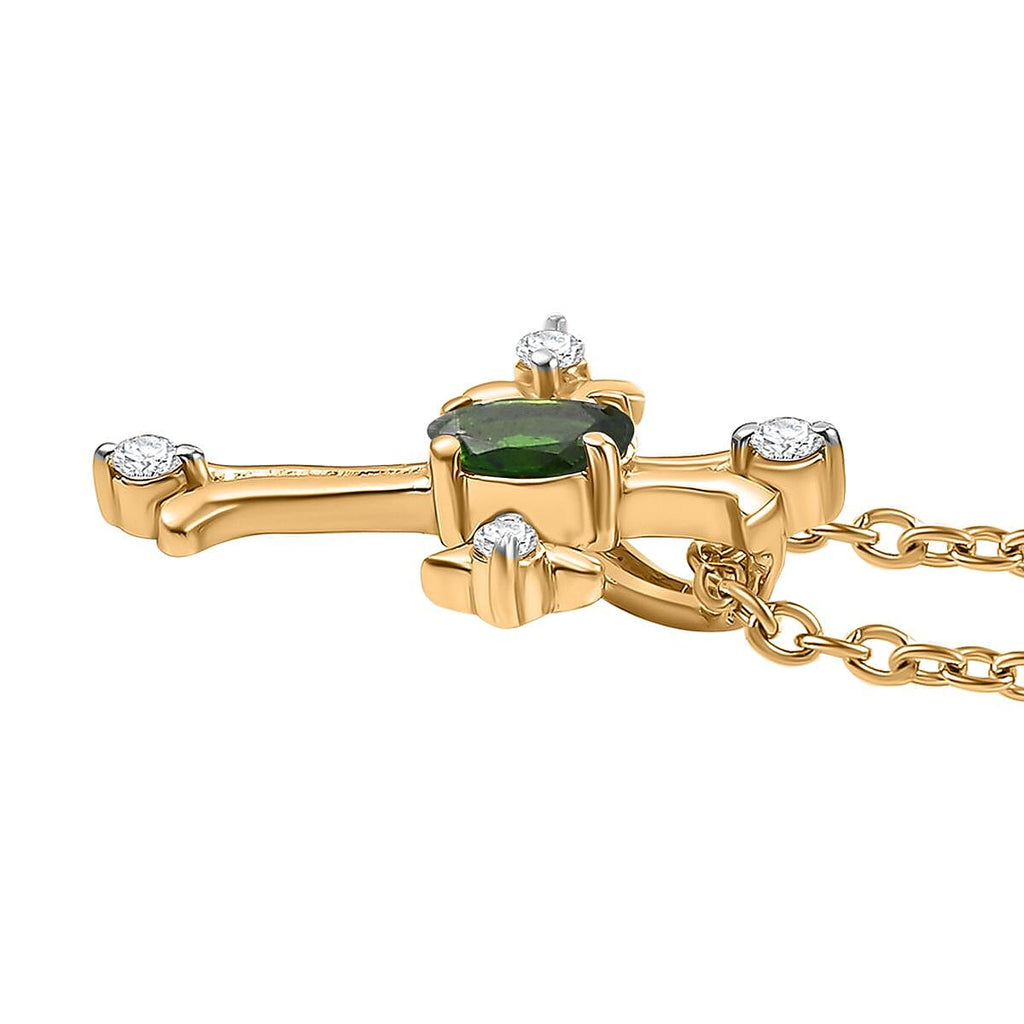 Natural Chrome Diopside & White Zircon Pendant with Chain (Size 20) in 14K YG Overlay Sterling Silver
