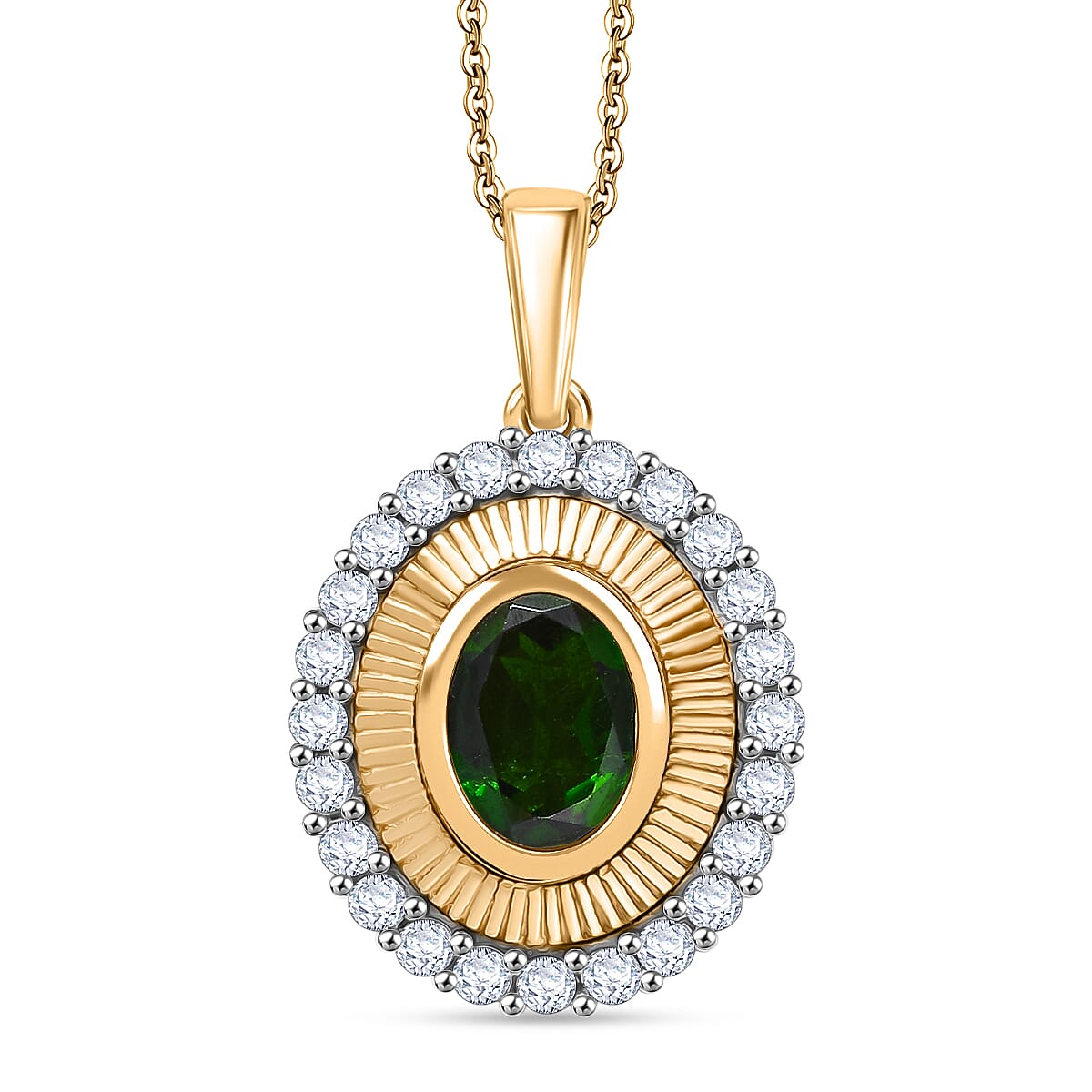 D'Joy Natural Chrome Diopside and White Zircon Halo Pendant with Chain (Size 20) in 18K Vermeil Yellow Gold Plated Sterling Silver 2.03 Ct. V32514250 0