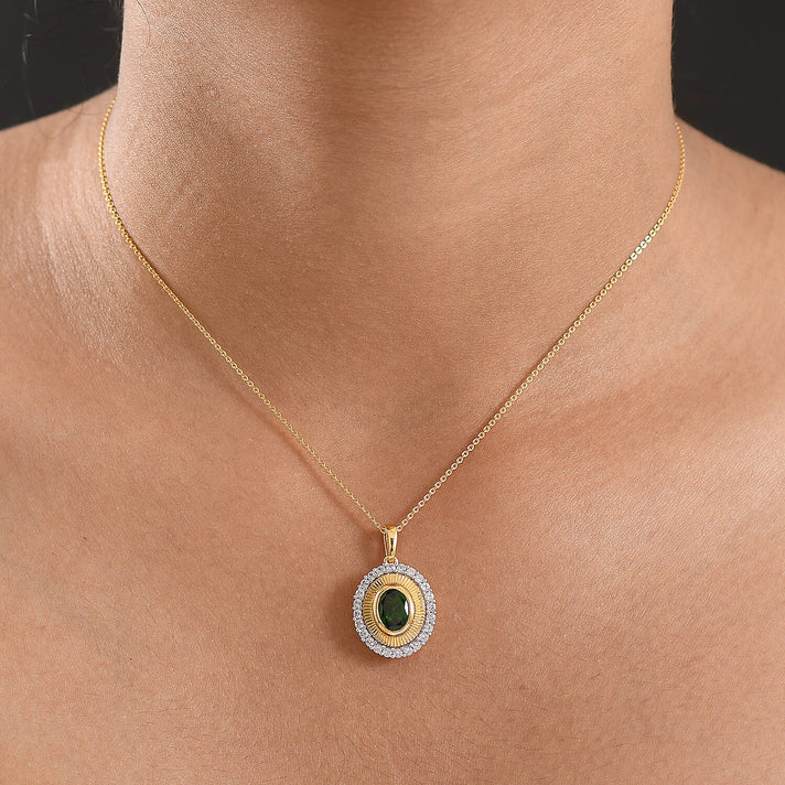 D'Joy Natural Chrome Diopside and White Zircon Halo Pendant with Chain (Size 20) in 18K Vermeil Yellow Gold Plated Sterling Silver 2.03 Ct. 4424284 2