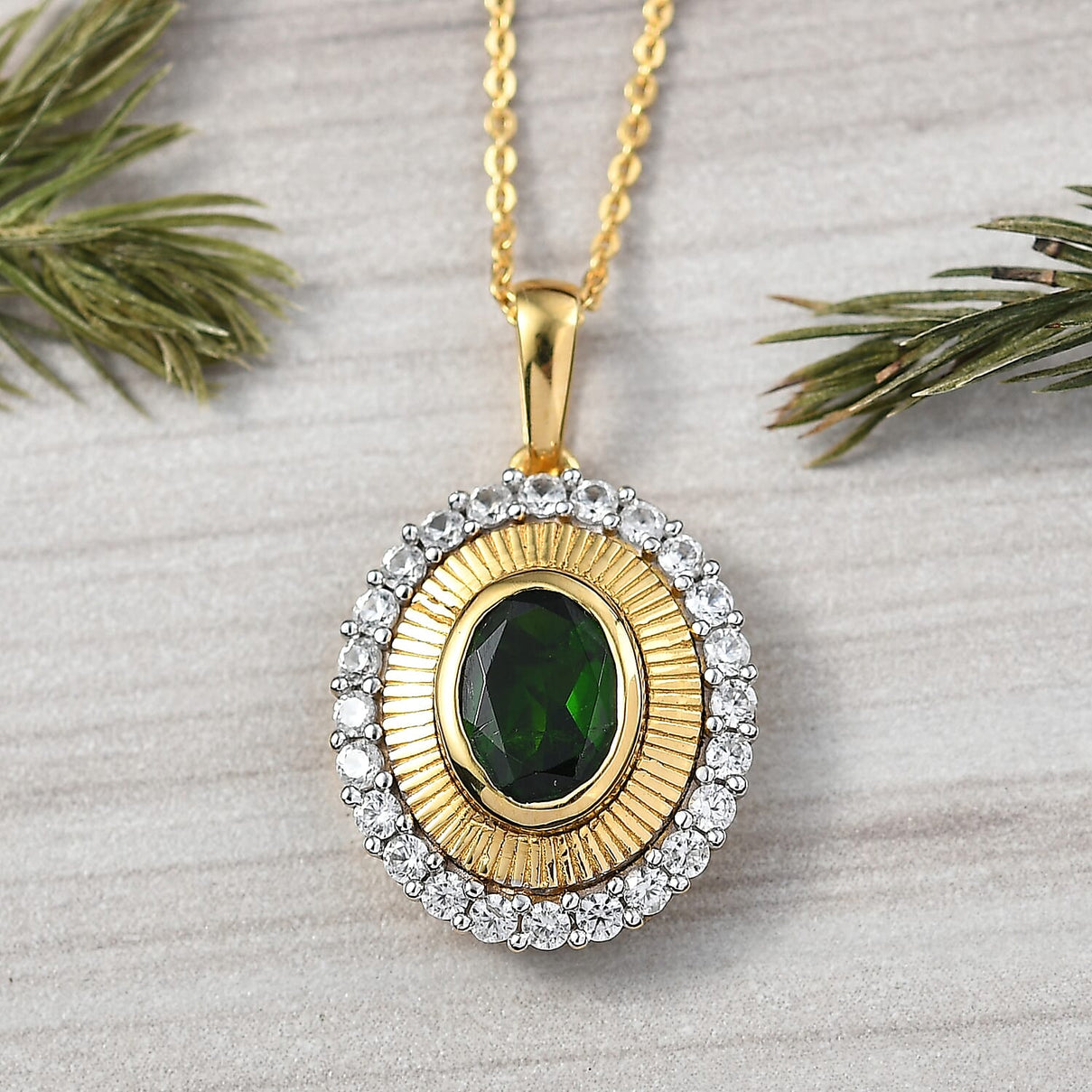 D'Joy Natural Chrome Diopside and White Zircon Halo Pendant with Chain (Size 20) in 18K Vermeil Yellow Gold Plated Sterling Silver 2.03 Ct. V32514250 3