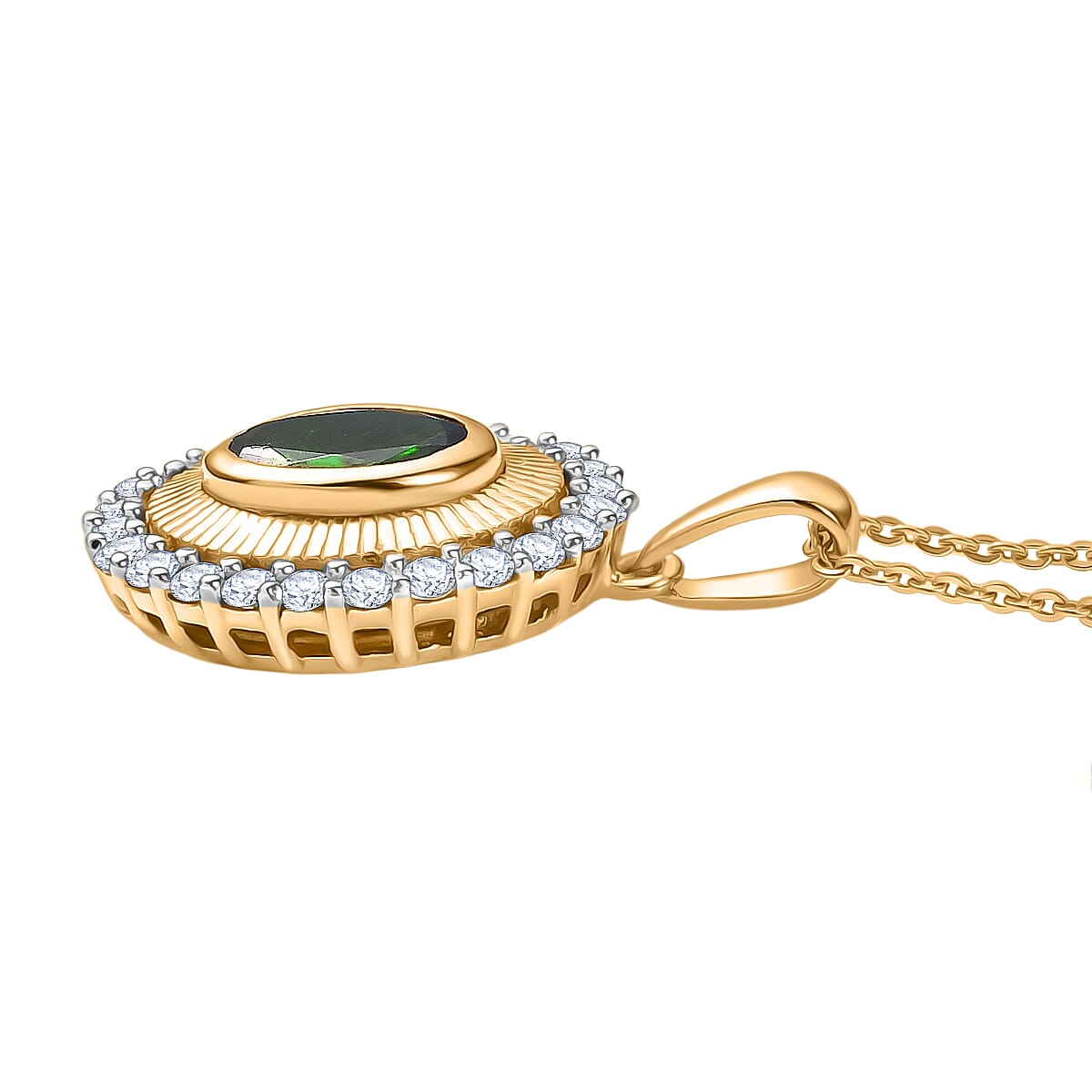 D'Joy Natural Chrome Diopside and White Zircon Halo Pendant with Chain (Size 20) in 18K Vermeil Yellow Gold Plated Sterling Silver 2.03 Ct. V32514250 4