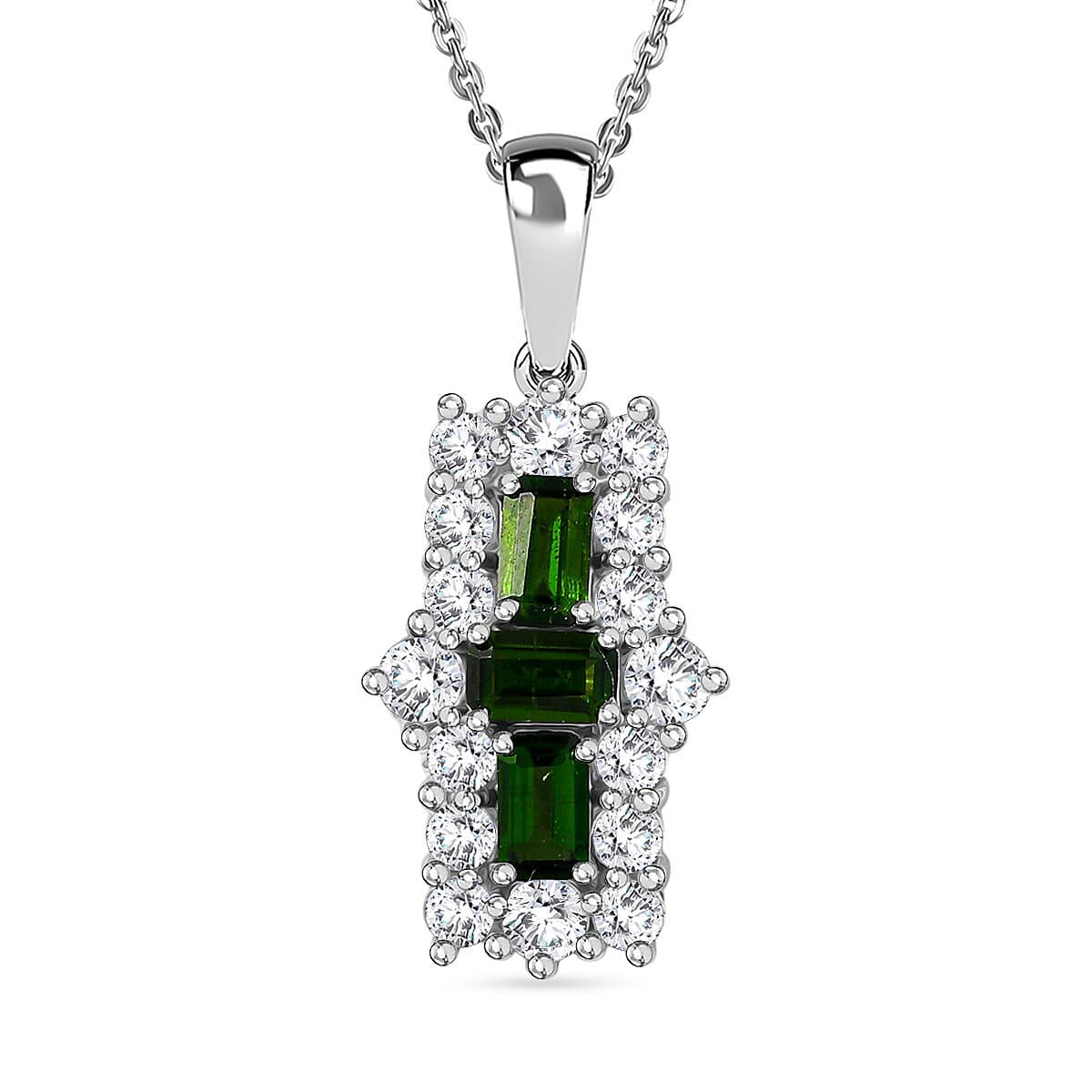 Natural Chrome Diopside &amp; White Zircon Boat Pendant with Chain (Size 20) in Platinum Overlay Sterling Silver 2.97 Ct. 4399554 0