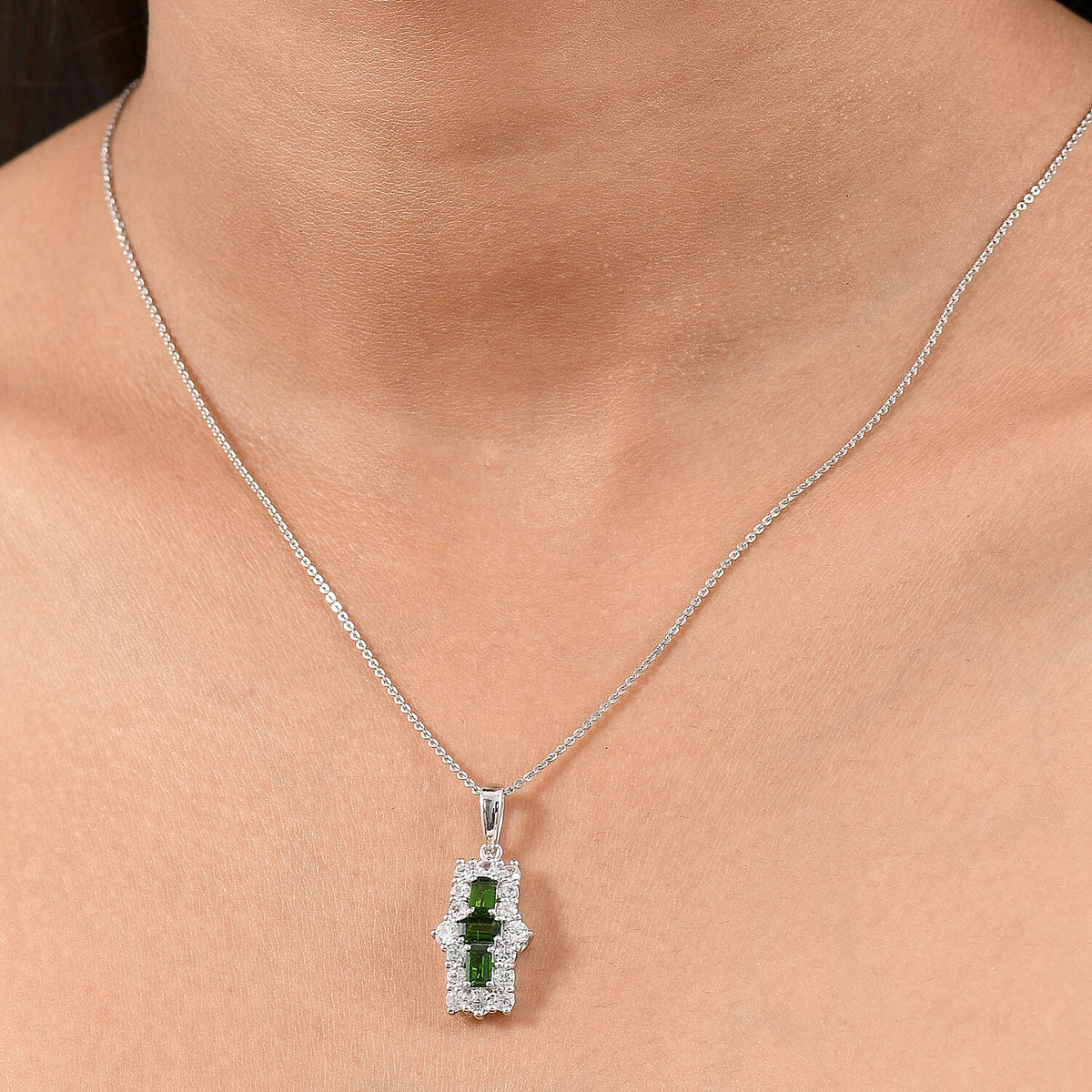 Natural Chrome Diopside &amp; White Zircon Boat Pendant with Chain (Size 20) in Platinum Overlay Sterling Silver 2.97 Ct. 4399554 2