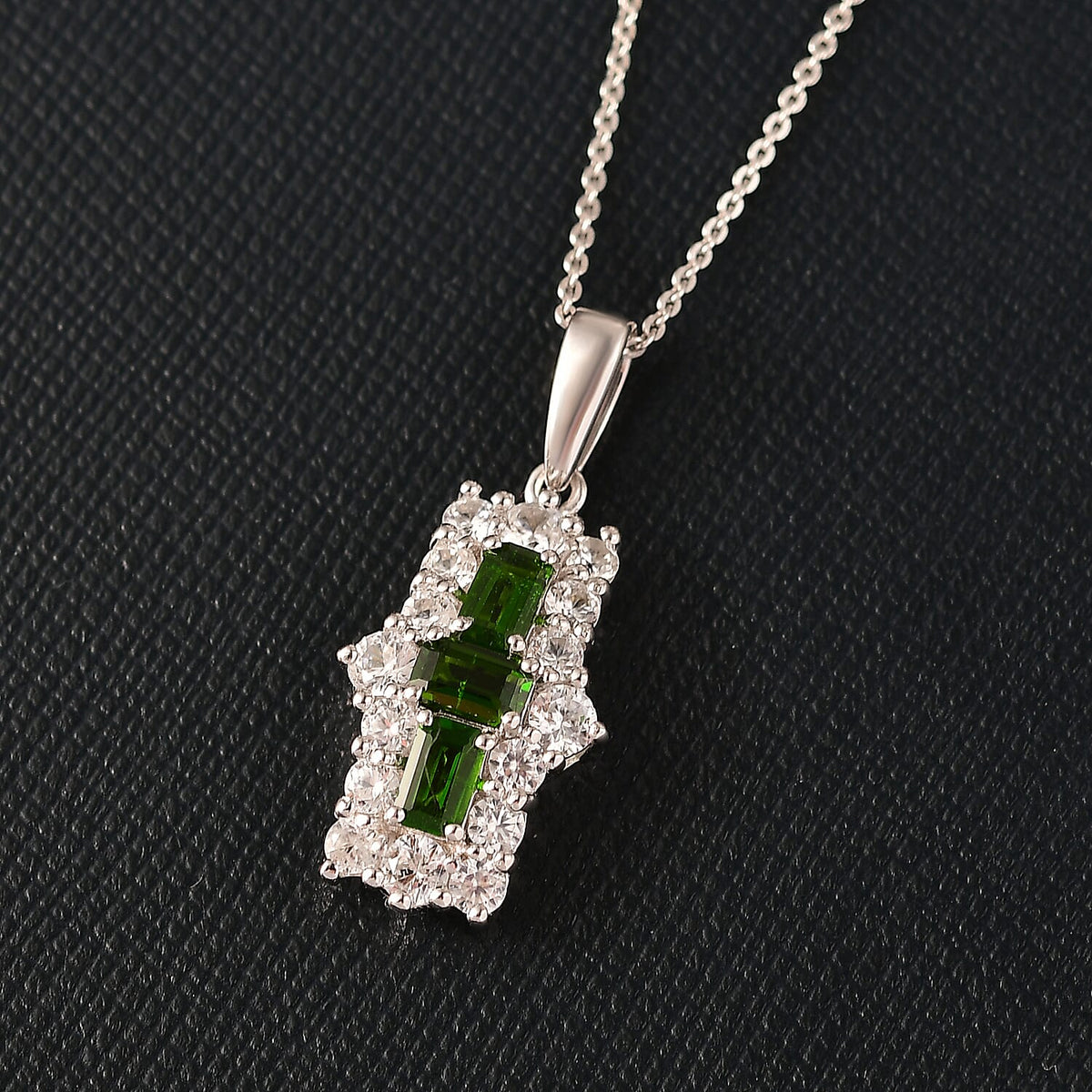 Natural Chrome Diopside &amp; White Zircon Boat Pendant with Chain (Size 20) in Platinum Overlay Sterling Silver 2.97 Ct. 4399554 3