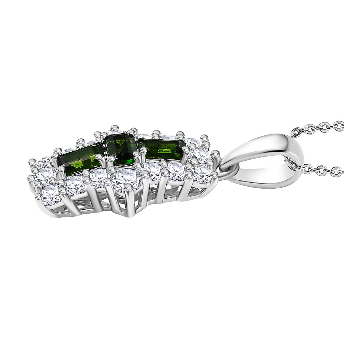 Natural Chrome Diopside &amp; White Zircon Boat Pendant with Chain (Size 20) in Platinum Overlay Sterling Silver 2.97 Ct. 4399554 4