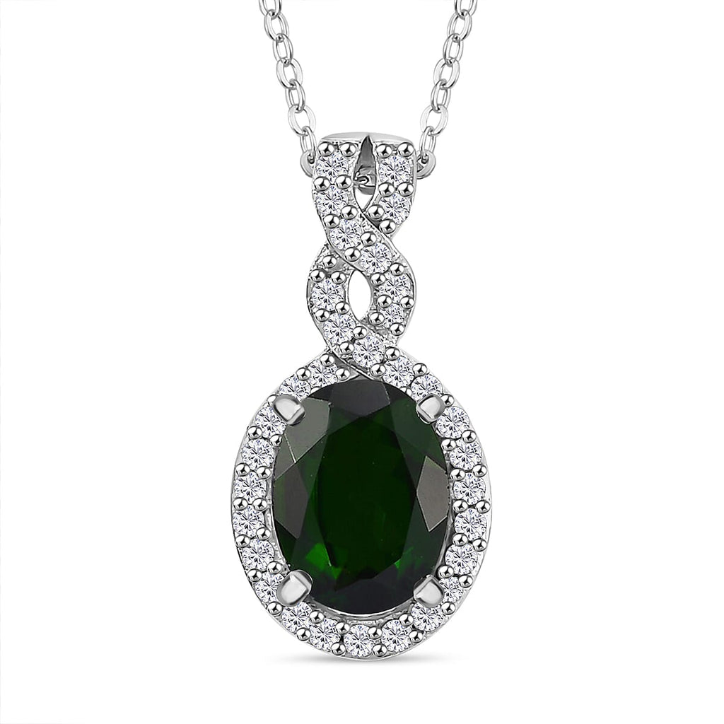 Natural Chrome Diopside,  White Zircon Pendant with Chain (Size 20) in rhodium Sterling Silver 0.44 ct  1.840  Ct.