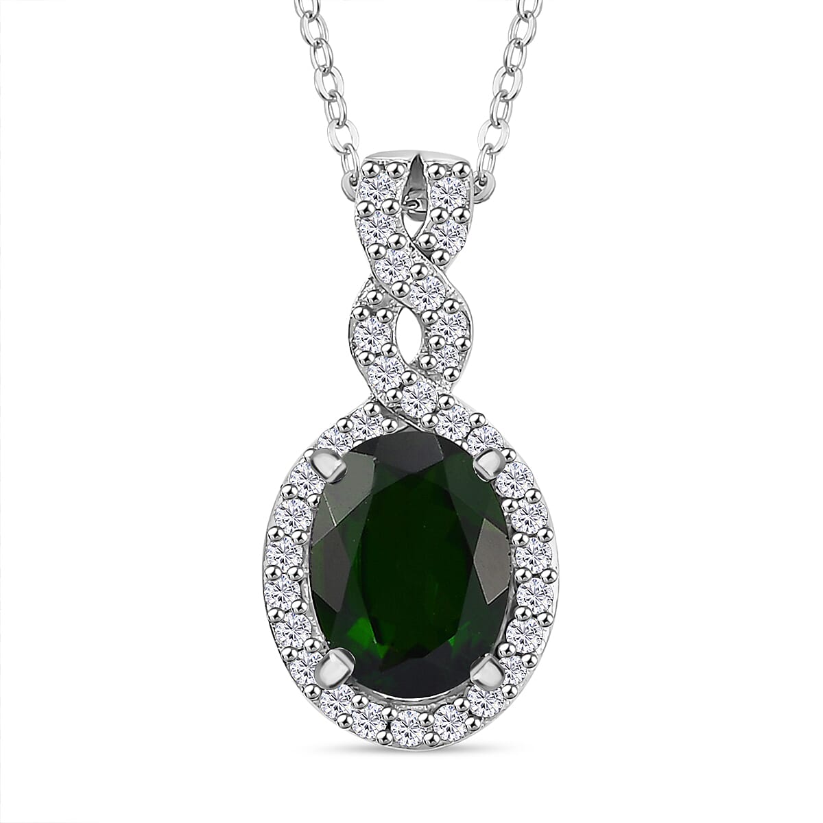 Natural Chrome Diopside, White Zircon Halo Pendant with Chain (Size 20) in Rhodium Overlay Sterling Silver 4290791 0