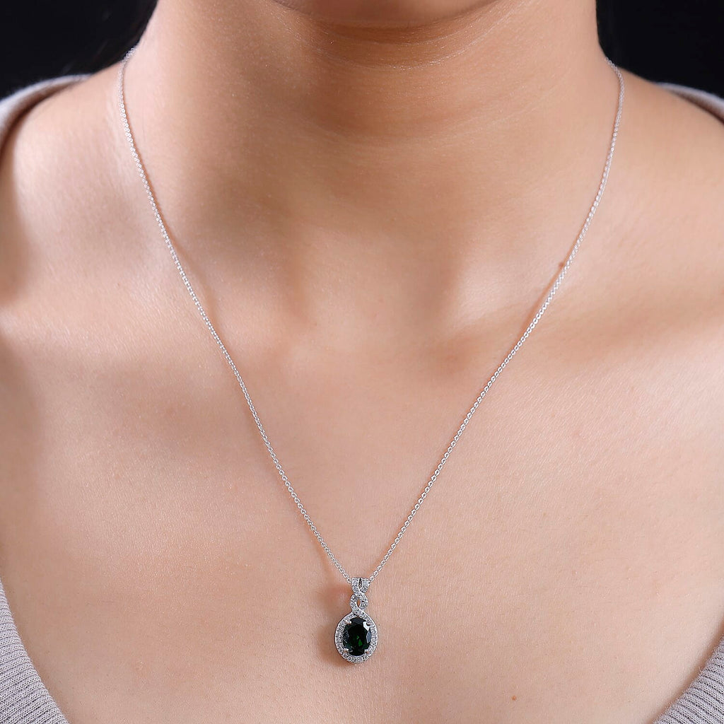 Natural Chrome Diopside,  White Zircon Pendant with Chain (Size 20) in rhodium Sterling Silver 0.44 ct  1.840  Ct.