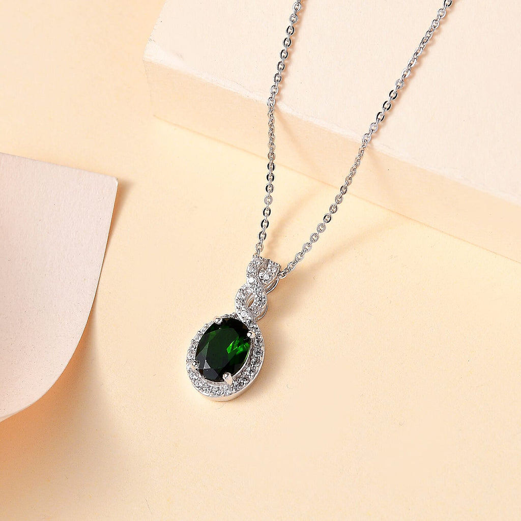 Natural Chrome Diopside,  White Zircon Pendant with Chain (Size 20) in rhodium Sterling Silver 0.44 ct  1.840  Ct.