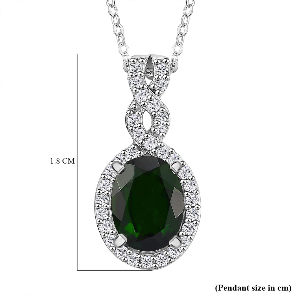 Natural Chrome Diopside,  White Zircon Pendant with Chain (Size 20) in rhodium Sterling Silver 0.44 ct  1.840  Ct.