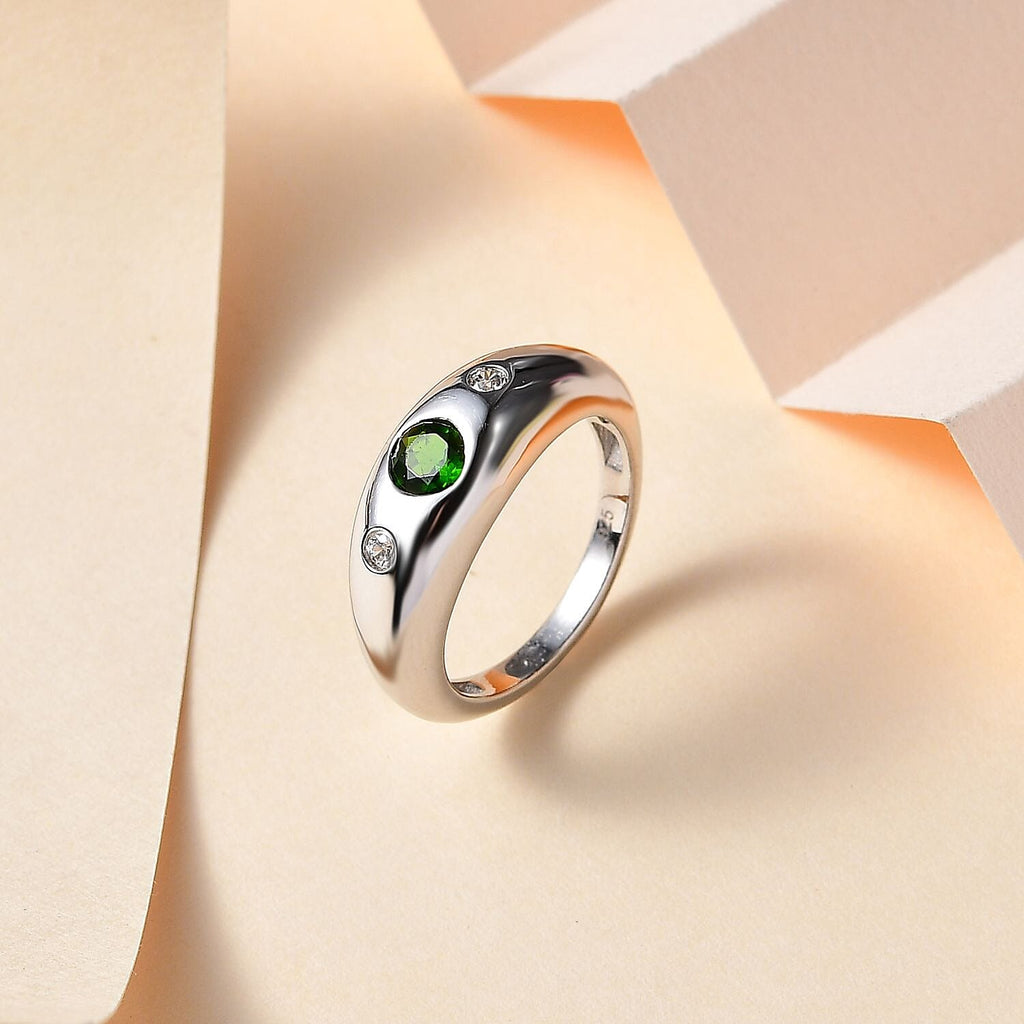 Natural Chrome Diopside & Natural Zircon Ring in Platinum Overlay Sterling Silver